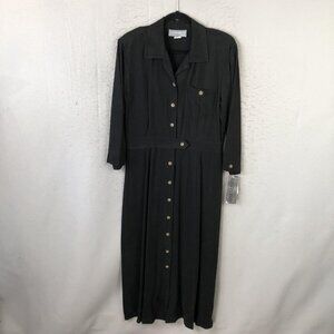 Carol Anderson Shirt Dress Womens 14 Black Tencel Maxi Button Front Made USA